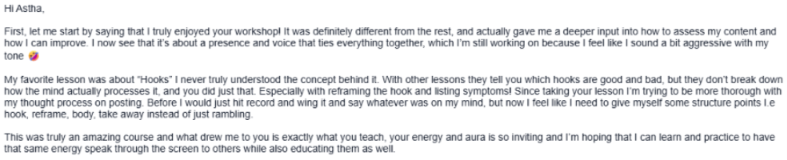 student testimonial screenshot